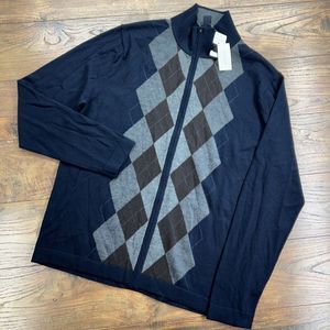 NEW Banana Republic Italian Merino Wool Men Argyle M Sweater Zip‎ Up Long Sleeve